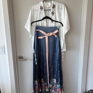 White Floral Hanfu and Blue Patterned Skirt Set